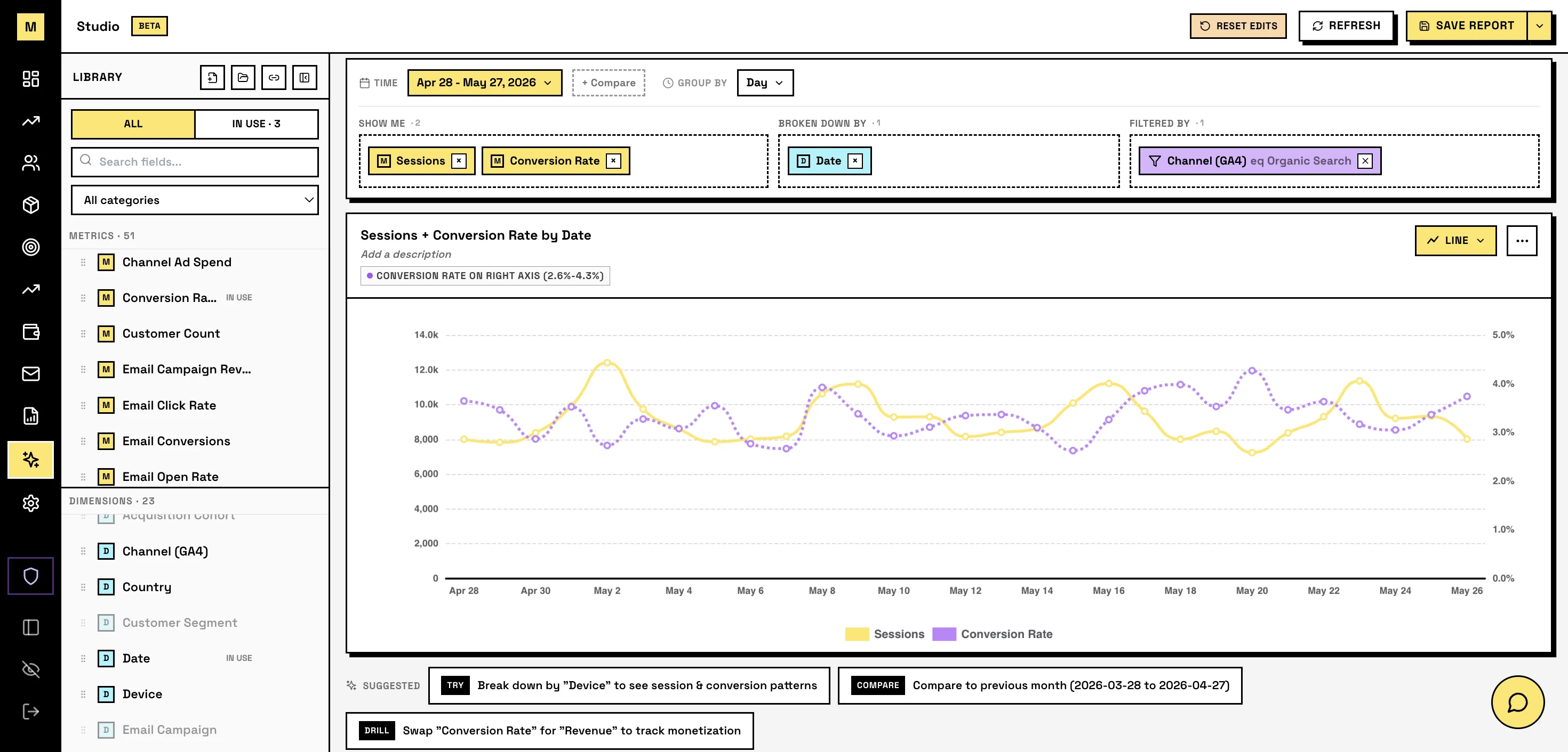 Mocha Studio - natural-language sandbox for building custom reports across Shopify, GA4, Klaviyo, Search Console and Google Ads
